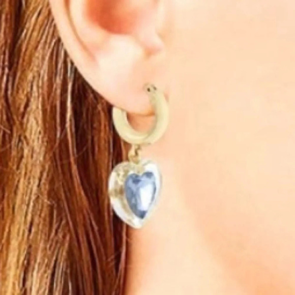 BETSEY JOHNSON Valentine’s Gold-Tone Light-Blue Huggie Heart Earrings NEW NWT - Picture 3 of 8